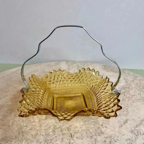 Vintage Yellow Silver-Tone Handle Diamond Amber Gold Sawtooth Edge Candy Dish - Picture 6 of 12